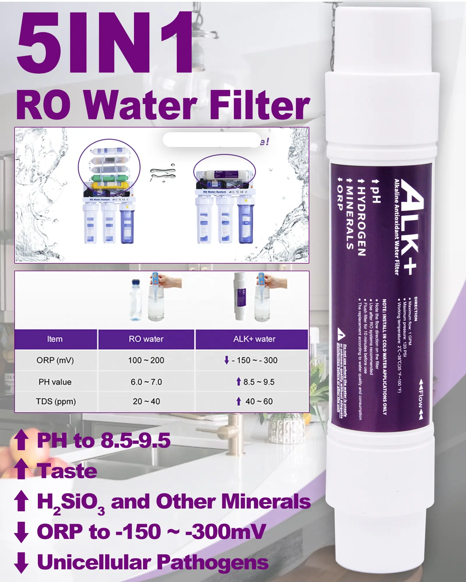 Lanlang alkali hidrojen kore ph 9.5 ters osmosis su filtresi kartuş için alkali su filtresi iyonlaştırıcı