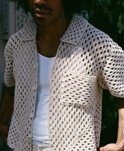 Benutzer definierte Polo Logo Vintage Sommer Großhandel Strickwaren Design Mann Button up Cardigan Sweater Strick T-Shirt Kurzarm Häkel hemd - Product Image 2