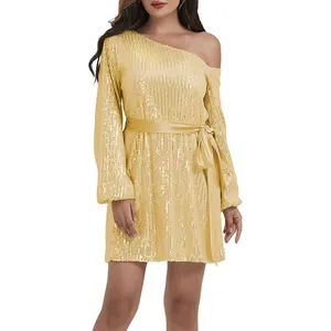 Custom Women Clothing Gold Sequin Casual Elegant Short One Shoulder Long Sleeve Night Club Cocktail Evening Sparkly Party Dress