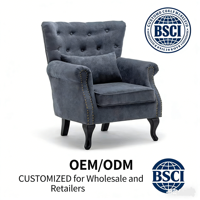 Fauteuil d'appoint capitonné gris foncé à dossier haut, avec pieds en bois et assise en mousse, design moderne pour appartement et entrepôt, certifié BSCI