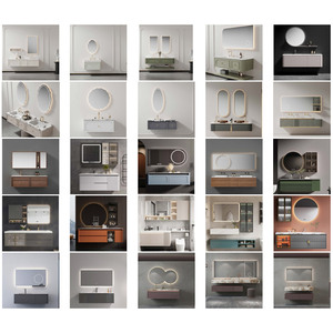 Ensemble de meubles-lavabos de salle de bain modernes de luxe en céramique vert sauge avec miroir LED arqué à cadre doré et double vasque murale - Product Image 2