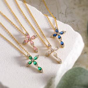 Fashion Brass Gold Plated Colored Cubic Zircon <b>Cross</b> Pendant <b>Necklaces</b> Floral <b>Cross</b> CZ Religious Jewelry <b>for</b> <b>Women</b> - Product Image 1