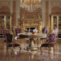 Ensemble de table à manger ronde en bois doré antique de luxe royal avec 6 chaises violettes