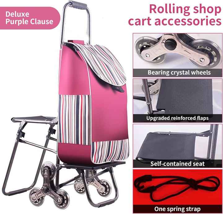 Stair Climbing Shopping Cart with Bag and Seat, Shopping Trolley, Grocery Bag on Wheels with Adjustable Bungee Cord