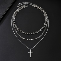 Collier tendance en acier inoxydable, bijoux de mode avec chaîne à maillons, collier à trois couches avec pendentif croix