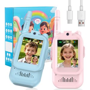 Lot de 2 talkies-walkies vidéo rechargeables pour enfants de 3 à 12 ans avec 16 canaux, portée <1,5 km, bleu + rose, radio bidirectionnelle éducative - Product Image 2