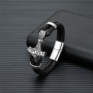 Viking Thor's Hammer <b>Bracelet</b> Braided Leather Stainless Steel Rune <b>Bangle</b> Magnetic Clasp Tough Guy Retro Jewelry - Product Image 4