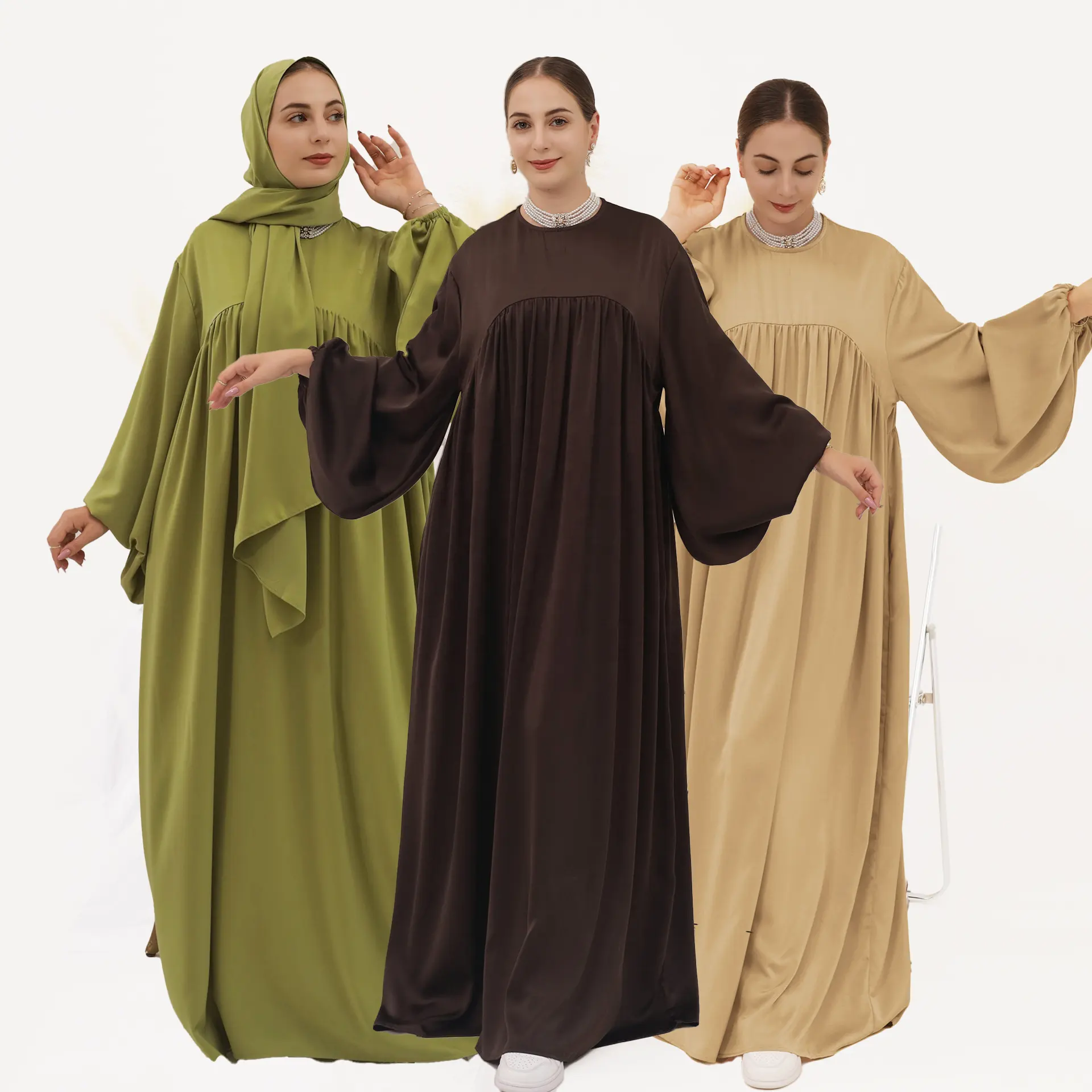 Vente en gros de haute qualité Dubaï couleur unie modeste Abaya grande taille femmes musulmanes robe caftan manches bouffantes velours satin décontracté Abaya