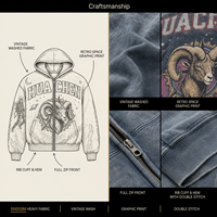 Sweat à capuche zippé personnalisé épais délavé à l'acide, style vintage oversize avec imprimé graphique rétro, effet vieilli, pour homme, streetwear