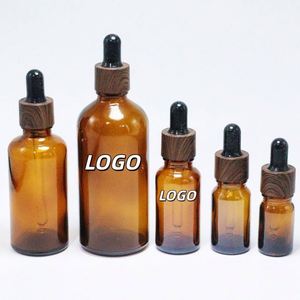 Wholesale <b>Empty</b> Cosmetic Amber Glass Body <b>Oil</b> Serum 15ml 20ml 30ml Dropper <b>Bottles</b> Bamboo Cap Screen Printed Custom Logo - Product Image 1