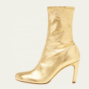 Customized Solid Gold Women's Square Toe Short <b>Boots</b> Square Toe Side Zipper Ankle Booties High Thin Heels Shoes - Product Image 3