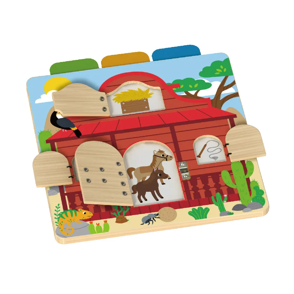 Sperrholz bewegliches Rätsel westliches Tavernaschloss Montessori-Holztürbeschäftigungsplatte für Kleinkinder