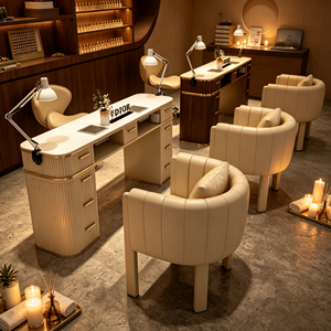Ensemble de table à ongles rose cannelée avec plateau en marbre, bureau de manucure pour salon de beauté avec tiroirs, poste de travail moderne pour salon de beauté avec accessoires assortis - Product Image 2