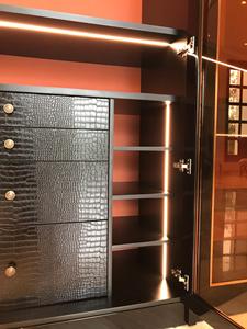 Luxury Modern Durable Black Glossy Wood Freestanding <b>Wardrobe</b> Art Deco Display Cabinet with Gold Metal Trim for Bedroom - Product Image 3