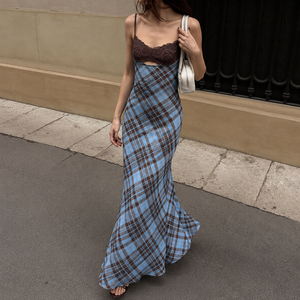 Robe longue maxi à carreaux pour femme, avec bustier en dentelle et patchwork contrastant, style Y2K vintage streetwear, vente en gros - Product Image 2