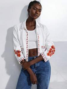 Chaqueta Unisex Blanca de Pato con Diseño Floral en Lona, Largo Regular, Ecológica, Acolchada, Informal, para Fiestas, con Forro de Algodón - Product Image 6