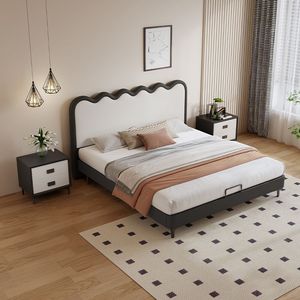 <span class=keywords><strong>Lit</strong></span> double confortable <span class=keywords><strong>de</strong></span> style français en bois crème avec cadre en silicone et cuir, design artistique ondulé, pour chambre <span class=keywords><strong>de</strong></span> garçons et filles - Product Image 2
