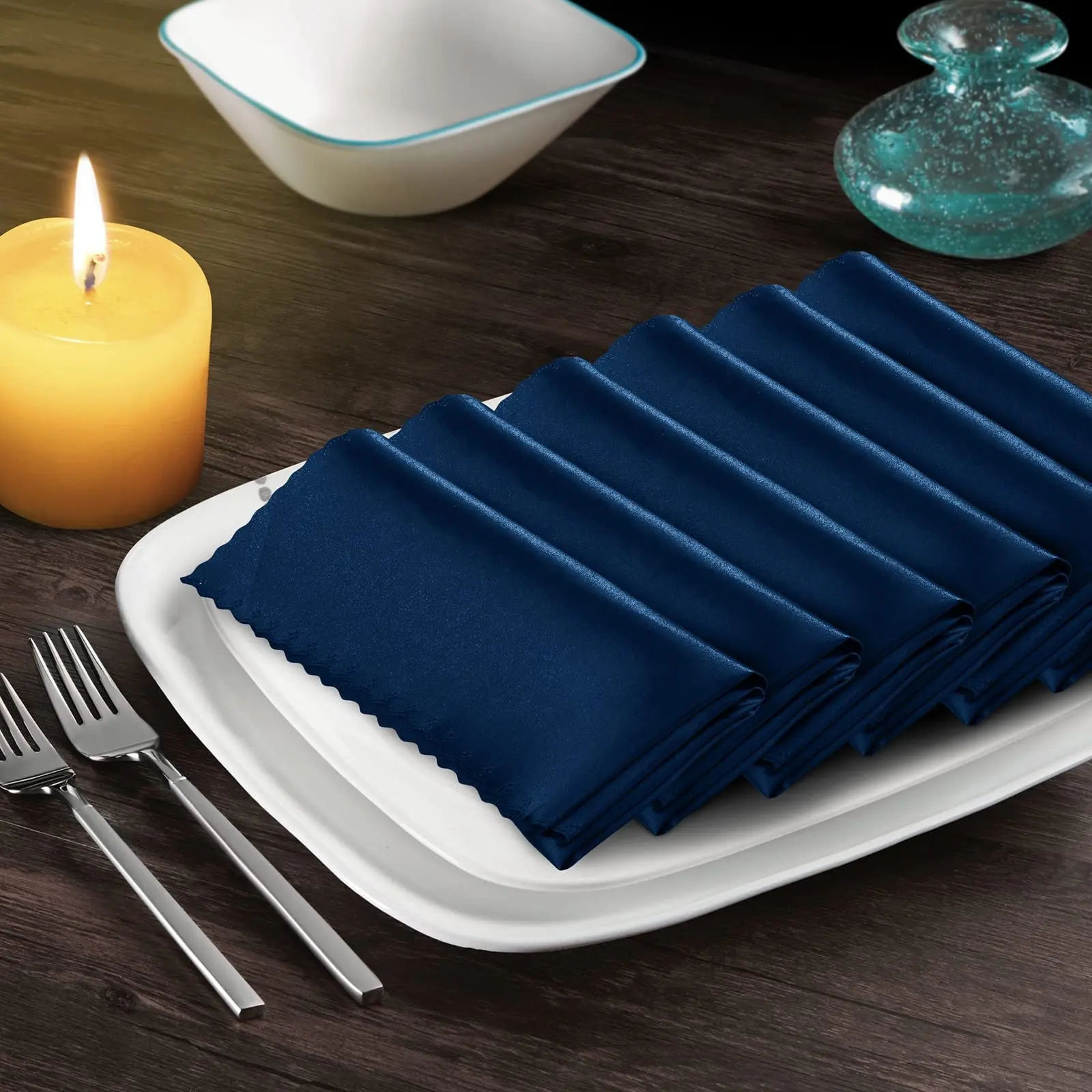 Serviettes en tissu de dîner en Satin bleu marine blanc de couleur unie 1 douzaine de serviettes en tissu lavables solides pour la décoration de Table de fête de mariage