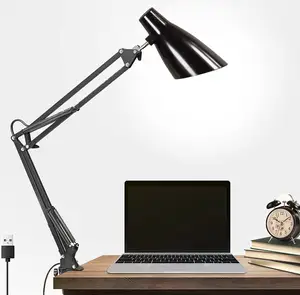 Vintage Desk Lamp LED Swing Arm Desk Lamp with Clamp Mount,Eye-Care Dimmable Office Light with 3 Brightness, USB Clip-on Table L