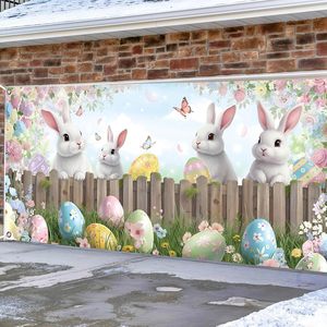Decoración de Pascua para Puerta de Garaje, Cubierta para Puerta de Garaje con Diseño de Conejo de Pascua, Huevo y Flores de Primavera, Decoración de Pared para Interiores y Exteriores - Product Image 3