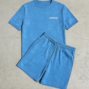 Setelan Kaos dan Celana Pendek Oversize 2 Potong, Gaya Y2K Streetwear Kasual Musim Panas, Warna Biru - Product Image 1