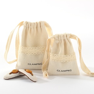 Pochette en coton et lin avec cordon de serrage, style artisanal, garniture en dentelle, réutilisable, pour cadeaux et bijoux, Glampkg - Product Image 2