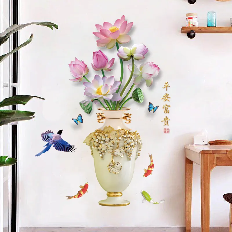 living room home decoration 3d lotus wall mural flower vase sticker