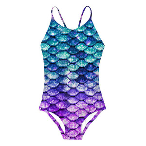 Costume da bagno intero per bambina con stampa a squame di sirena in Spandex/Nylon, tinta unita, con supporto per bambina - Product Image 5