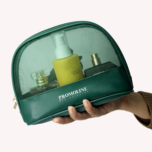 Organisateur de cosmétiques en maille sac demi-rond pochette de rangement de maquillage portable sac de lavage à fermeture éclair avec logo personnalisé pour les essentiels de soins de la peau de voyage - Product Image 2