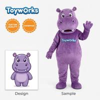 Costume de mascotte hippopotame violet sur mesure à mors large, avec détails de mors courts, pour parc aquatique, activité aquatique, costume de marche