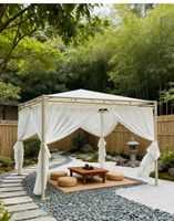 Pavillon de jardin carré en acier Source Factory avec toit en tissu, base fixe, design à trous de vis, luxe moderne, résistant aux intempéries