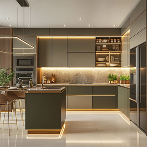 <span class=keywords><strong>Cuisine</strong></span> moderne <span class=keywords><strong>de</strong></span> luxe, armoires modulaires, éclairage LED intégré, finition haute brillance personnalisée, panneau <span class=keywords><strong>de</strong></span> mélamine spacieux, bois, villa - Product Image 1