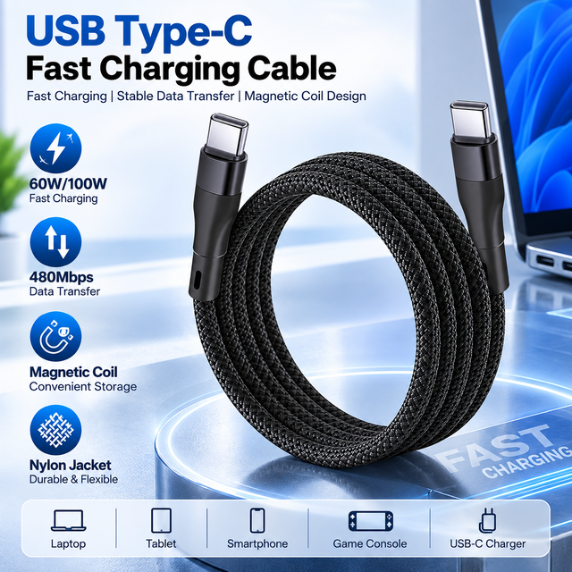 New Design Magnetic Coil USB Type C Cable Nylon Jacket 60W 100W Fast Charging High Speed Data Transfer for Computer Storage