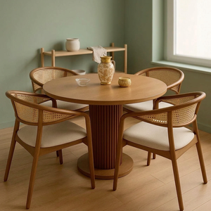 Ensemble de table à manger ronde en teck Japandi avec base en piédestal cannelé - Product Image 2
