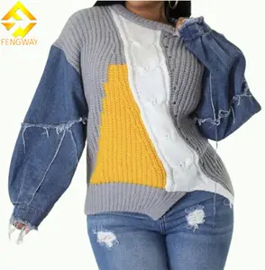 S-3XL 여성 스웨터 스웨터 데님 풀오버 패치 워크 비대칭 색상 매칭 스웨터 불규칙한 패션 캐주얼 뜨개질 탑 2023