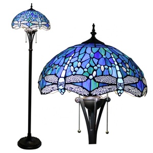 LongHuiJing 16Inch Tiffany-Style Stained Glass Floor <b>Lamp</b> with Dragonfly Motif and Resin <b>Base</b> - Product Image 1