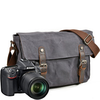 Sac photo horizontal décontracté en toile cirée et cuir pleine fleur, imperméable, pour appareil photo reflex, idéal pour les loisirs et les voyages