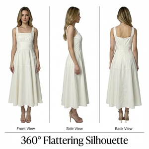 שמלת מקסי נשית, 100% כותנה, ללא כתפיות, בגזרה A, עם קשירה במותן, צווארון U, גזרה רחבה, מבד ארוג, מתאימה לכל עונות השנה, ללבוש יומיומי - Product Image 5