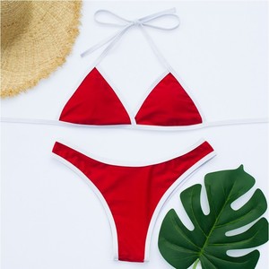 Ensemble de bikini trois pièces pour femme, haut croisé à nouer, bas string, grande taille, bordure contrastante, maillot de bain en fibre de polyester - Product Image 4