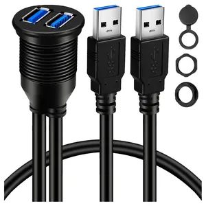 Kabel ekstensi dudukan mobil AUX 3.0 ganda 2 port, kabel ekstensi dudukan Flush untuk Panel dasbor mobil truk perahu sepeda motor 1 Meter