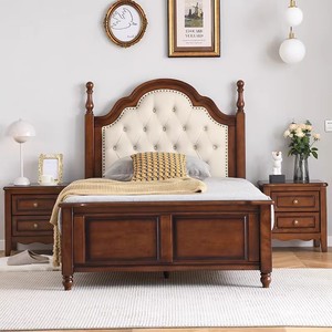 American Country Retro Style 1.2m Kids <b>Bed</b> <b>Solid</b> <b>Wood</b> Soft Headboard <b>Single</b> <b>Bed</b> for Boy Girl Child Bedroom - Product Image 2