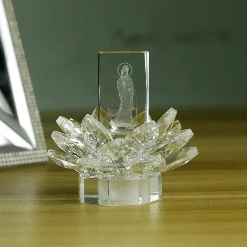 Estatueta personalizada do budismo 3d laser cristal religião lotus para decoração do templo