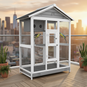 Cage à oiseaux moderne en bois massif avec 4 perchoirs, grilles en acier, 2 portes pour perruches et pinsons, gris acier - Product Image 5