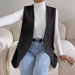 V-Neck Single Button Solid Color <b>Long</b> Solid <b>Women's</b> <b>Vest</b> <b>Top</b> Fashion - Product Image 4