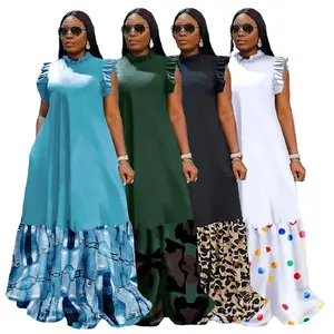 CW10292 Africa Women Casual A-line Sleeveless Maxi Dress Ruffle Trim Printed Swing Hem Dresses With Pockets