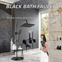 Robinet de douche mural en acier inoxydable chromé noir avec pommeau de douche pluie 4 fonctions, mitigeur eau chaude et froide en céramique