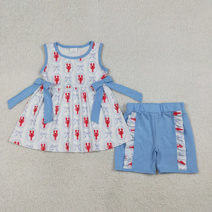 Tenues pour bébés filles : Haut tunique imprimé écrevisses et nœuds, et short à volants, ensemble d'été pour filles, robe barboteuse bulle pour sœurs - Product Image 2