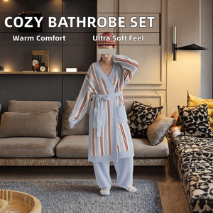 Cómodo Bata de Baño de Invierno para Parejas, Kimono de Diseño de Alta Calidad, Térmico, Casual, Súper Suave, de Punto a Rayas, Ropa de Estar para Mujer - Product Image 2