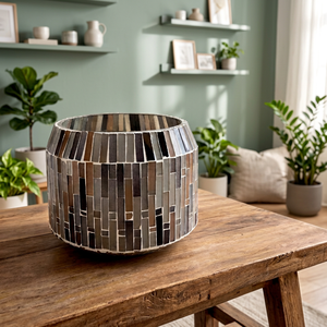 Support de bougie décoratif en mosaïque de verre rond fait main, gris foncé, pour la maison, les mariages et les fêtes - Product Image 4