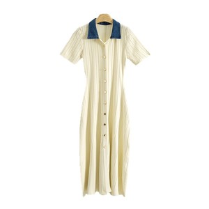 Vestido Midi de Punto de Manga Corta con Cuello Vaquero, Cuello en V, Color Sólido, Elegante y Casual para Mujer - Product Image 5
